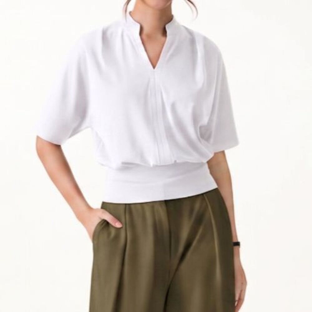 OGL White Cotton Blend Stand Collar V-Neck Dolman Sleeve Top Size Medium